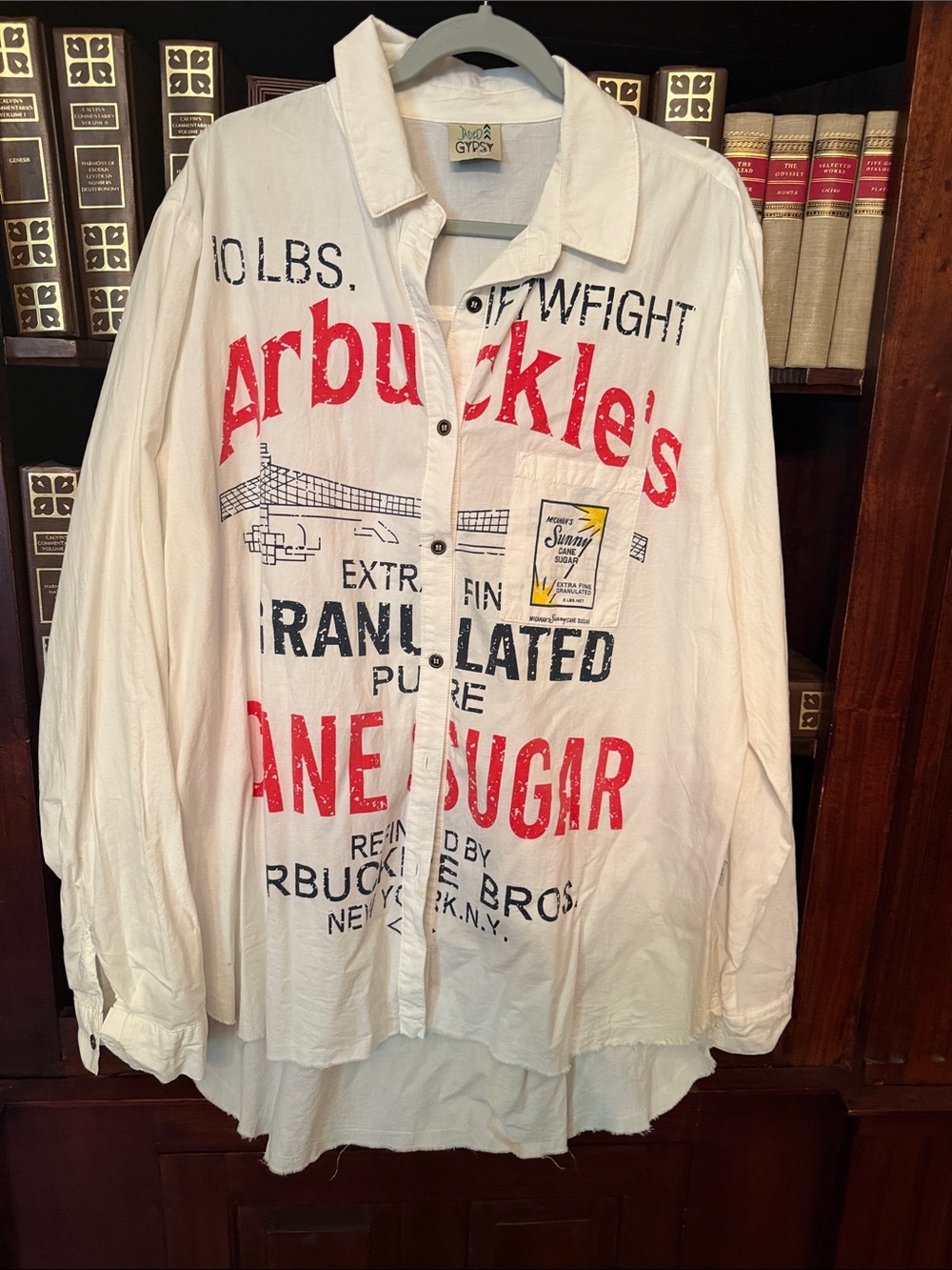 Jaded Gypsy White Button-Up Shirt with Red Graphic
